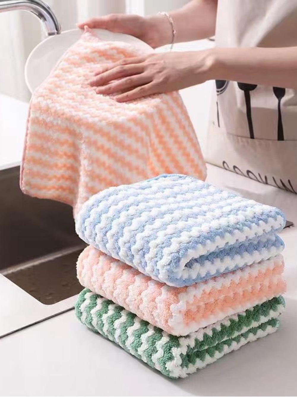 27 pcs Plush Chevron Microfiber Cleaning Cloth - Peach/Blue/Green